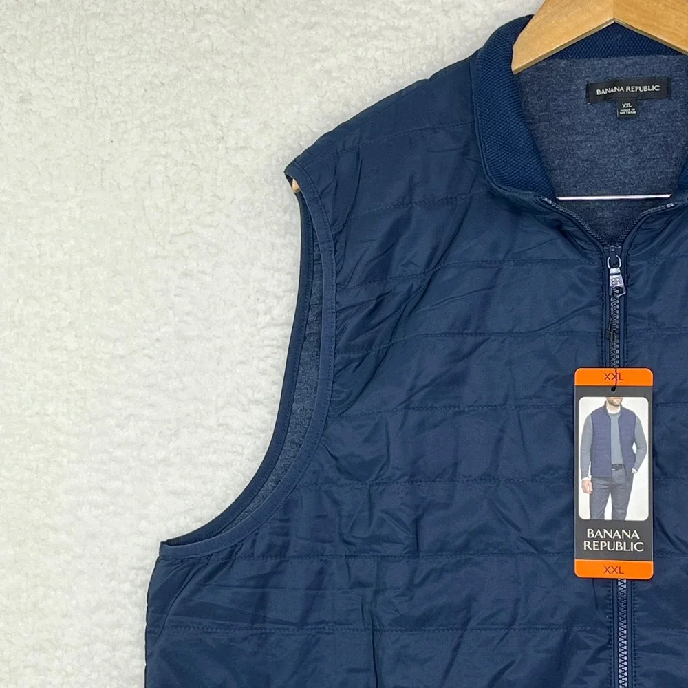 Banana Republic Mens XXL Quilted Puffer Vest Navy Blue Full Zip Mock Neck